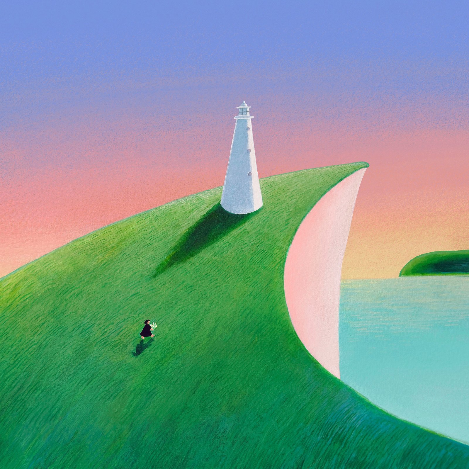 夕暮れの岬に立つ灯台のイラスト